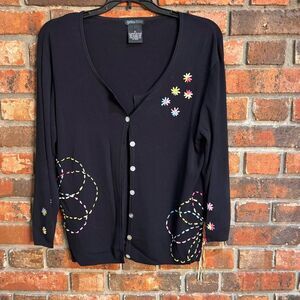 Yarn & Stitches womens vintage embroidered cardigan sweater black M